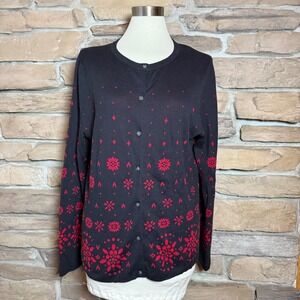 Lands' End Cardigan Sweater Womens L Petite Black Red Floral Knit